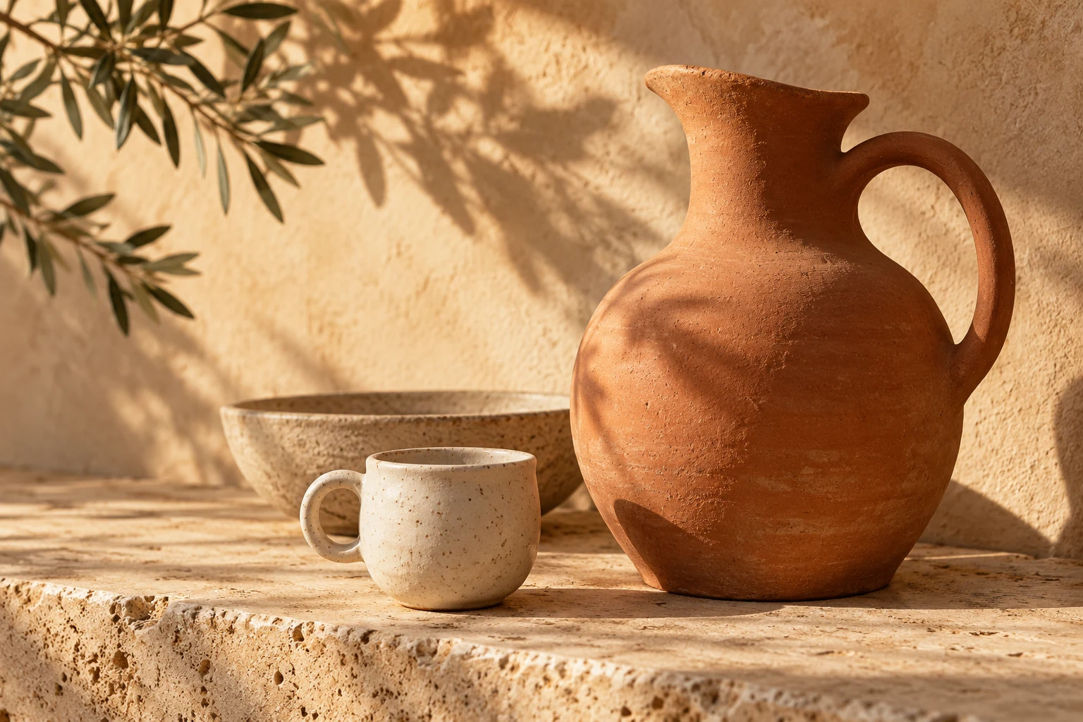 Cerámica artesanal: jarrón de terracota, taza y cuenco sobre una mesa de piedra, imagen ilustrativa